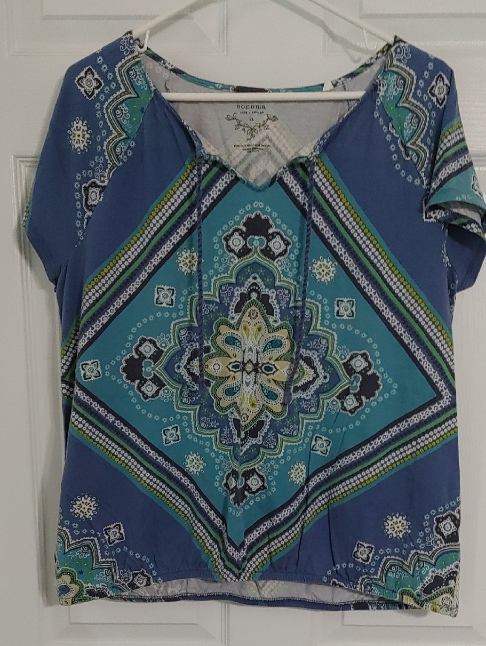 Sonoma Blue Teal Paisley V‑Neck Short Sleeve Top Size XL Bohemian